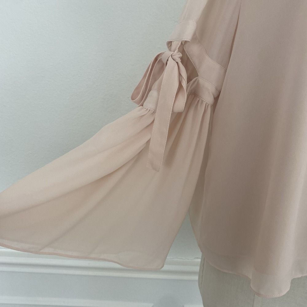 Vintage ARYEH Top Pink Ruffle Blouse Cut-Out Tie Sleeves High Neck Boho Romantic - Picture 4 of 13